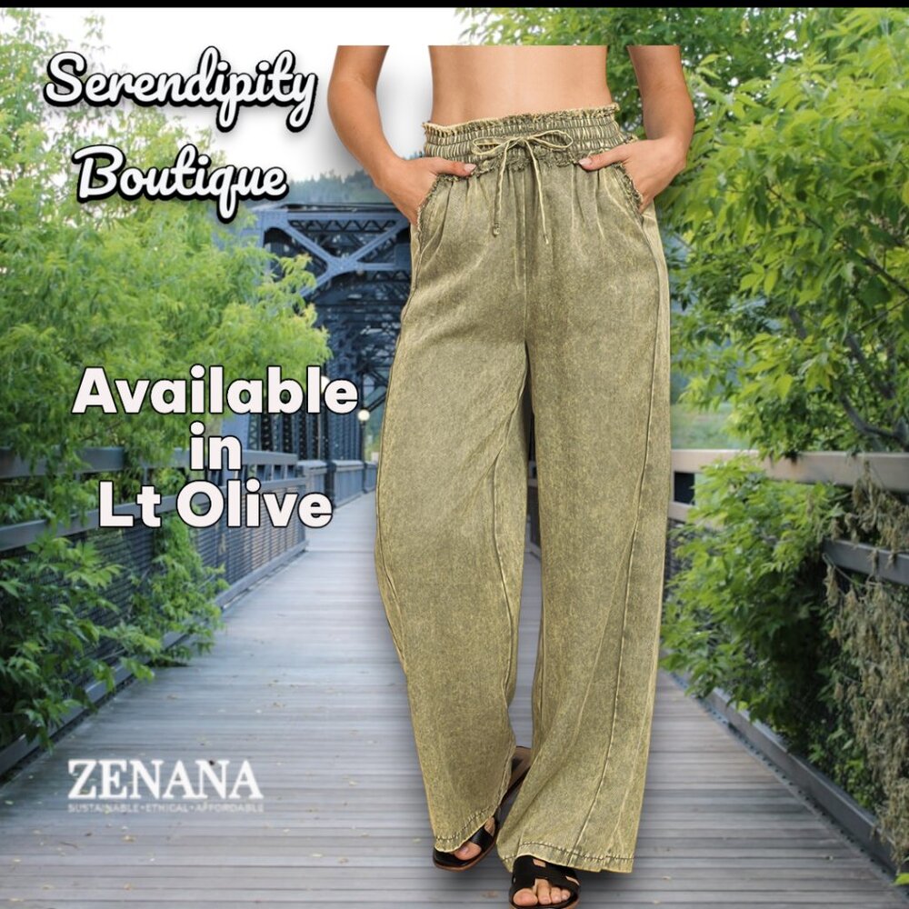 Zenana Mineral Wash Soft Comfy Flare Leg Elastic Drawstring Paper Bag Pants - Picture 11 of 12